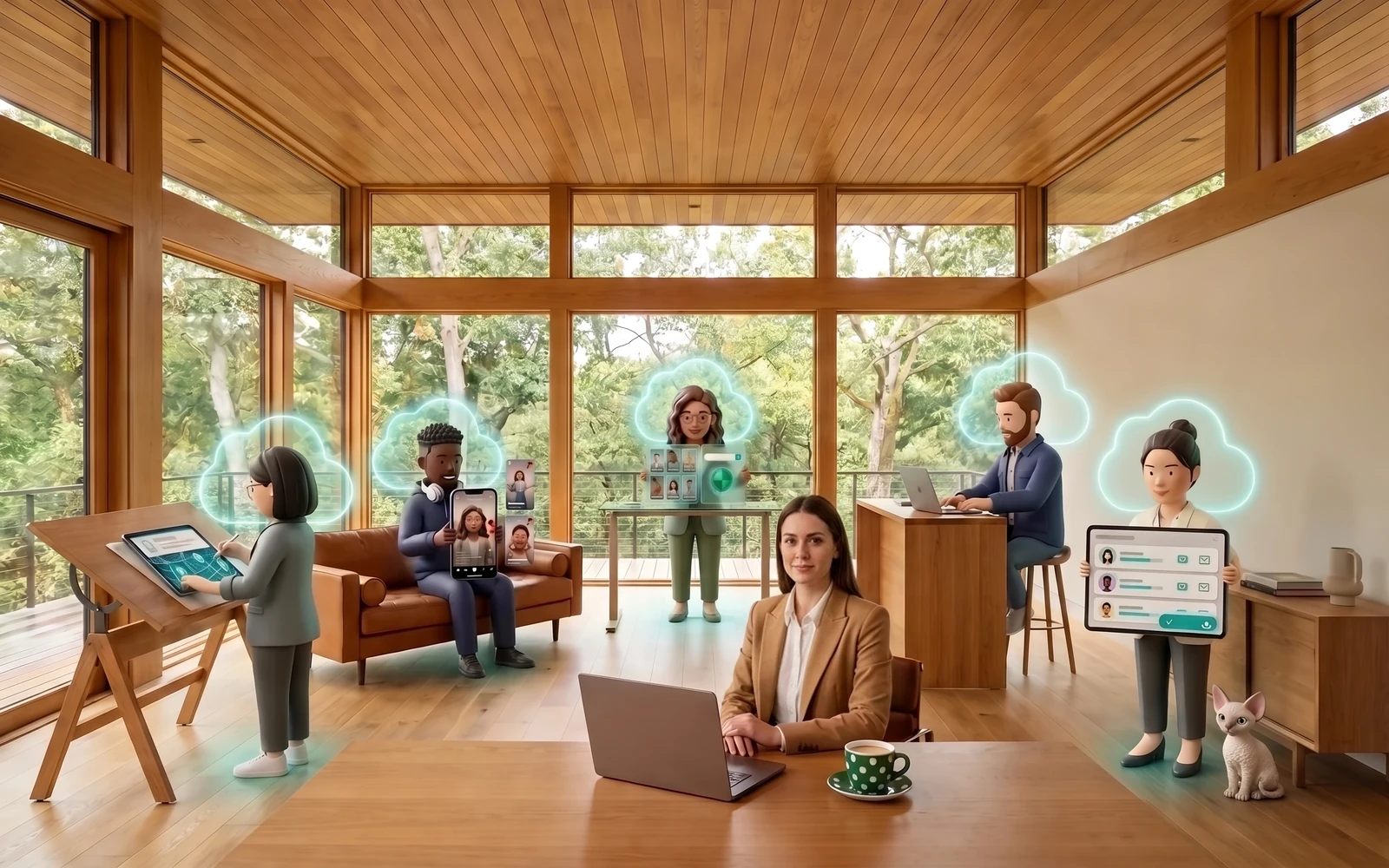 The Living Cloud Studio — a client at her desk with five Lobby agents running creator research behind her